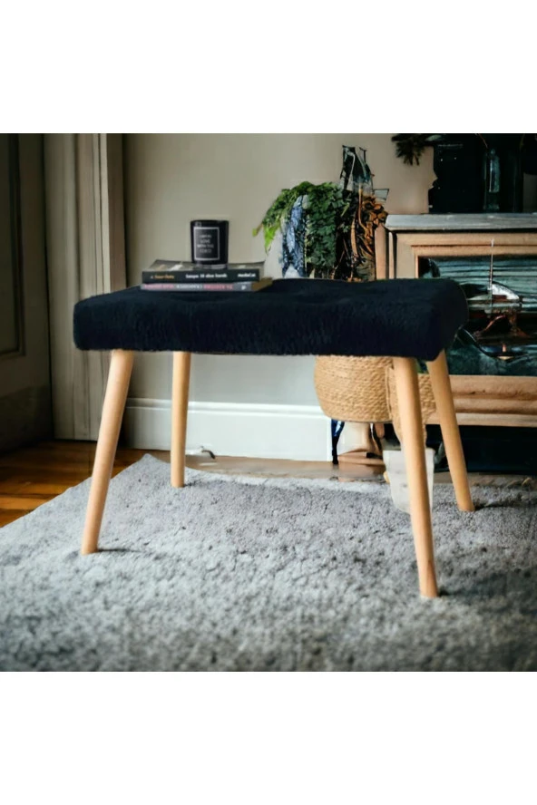 BEYLERBEYİ Gürgen Retro Ahşap Ayaklı Handmade Siyah Pofidik Puf Bench Koltuk Sandalye ürün görseli 1