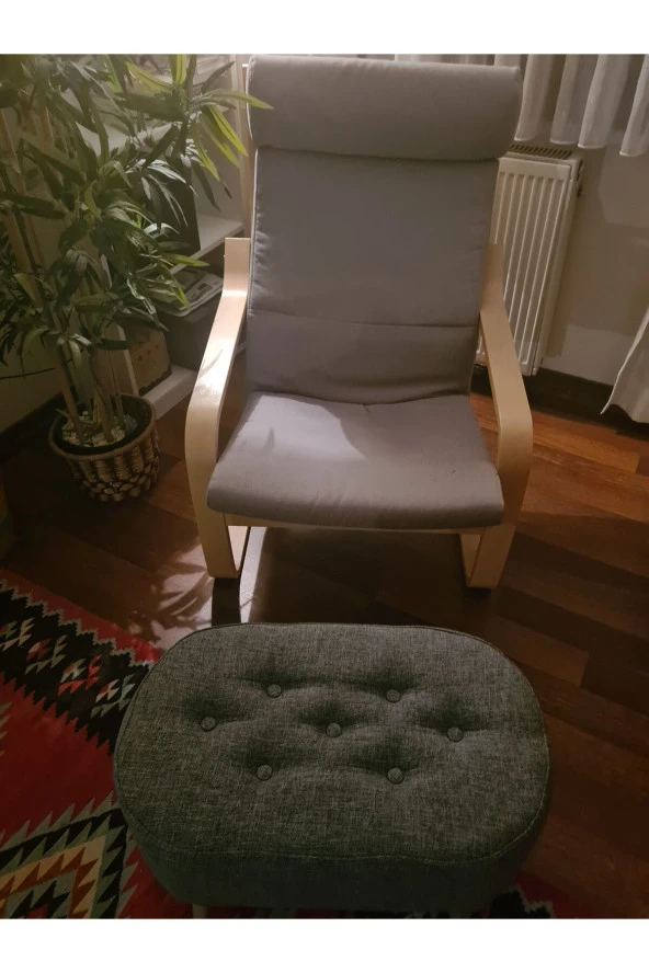 BEYLERBEYİ Gürgen Ahşap Ayak keten Kumaş Oval Pufidik Puf Bench Tabure Sandalye ürün görseli 1