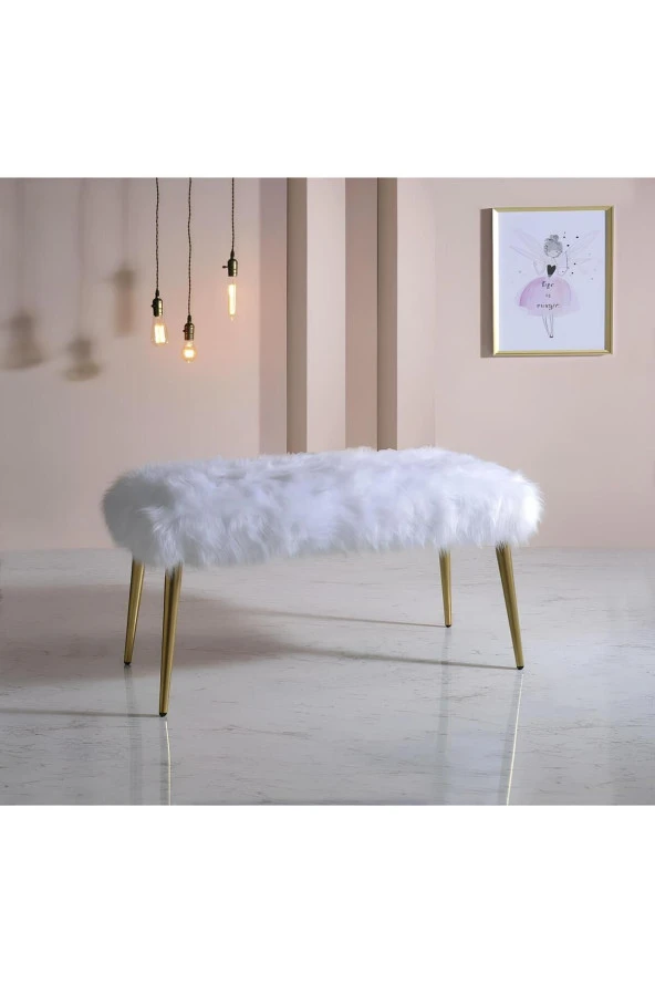 BEYLERBEYİ Ahşap Ayaklı Handmade Geniş Oturum Alanlı Krem Peluş Kumaş Pofidik Puf Bench ,ayak Ucu Uzatmalık ürün görseli 1