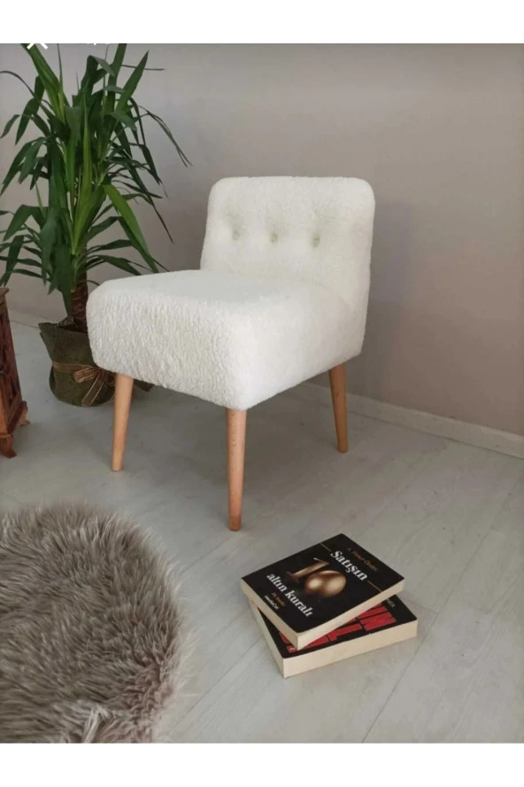 BEYLERBEYİ Rahat Oturum Alanlı Retro Gürgen Ahşap Ayaklı Beyaz welsoft Kumaş Puf Bench sandalye tabure ürün görseli 1