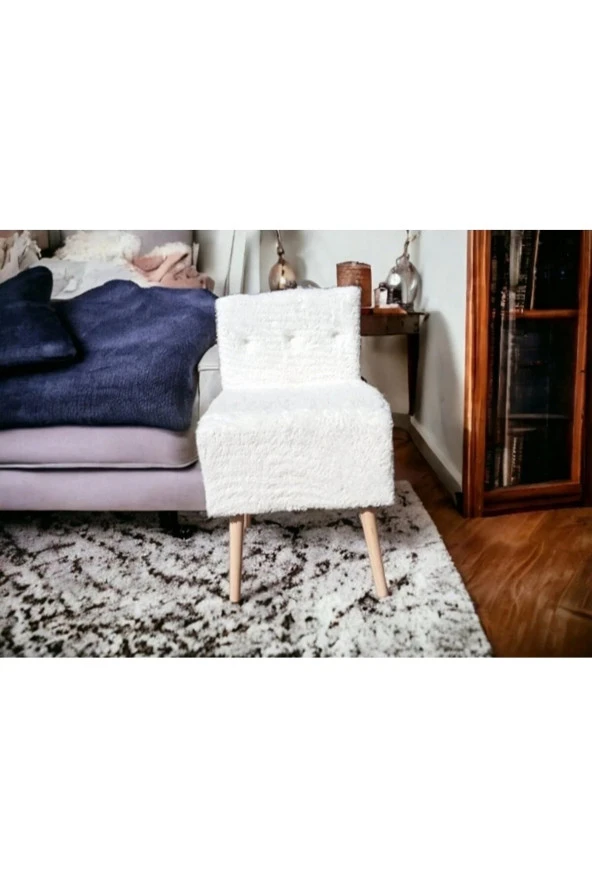 BEYLERBEYİ Rahat Oturum Alanlı Retro Gürgen Ahşap Ayaklı Beyaz welsoft Kumaş Puf Bench sandalye tabure ürün görseli 1