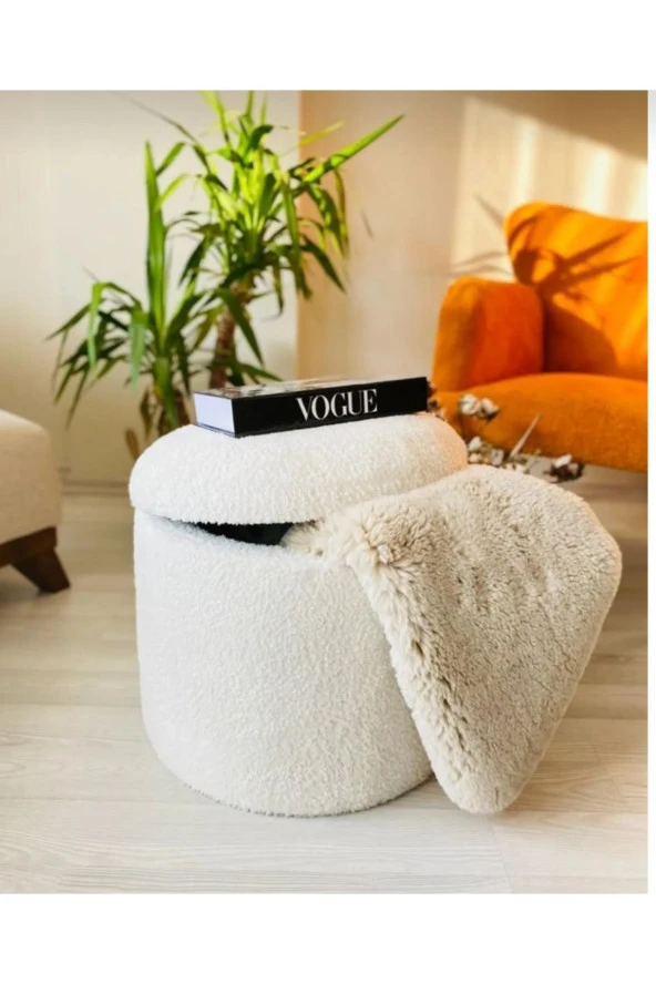 BEYLERBEYİ Handmade X Large Beyaz Tedy Kumaş Sandıklı Silindir Dekoratif Pufidik Puf Bench ürün görseli 1