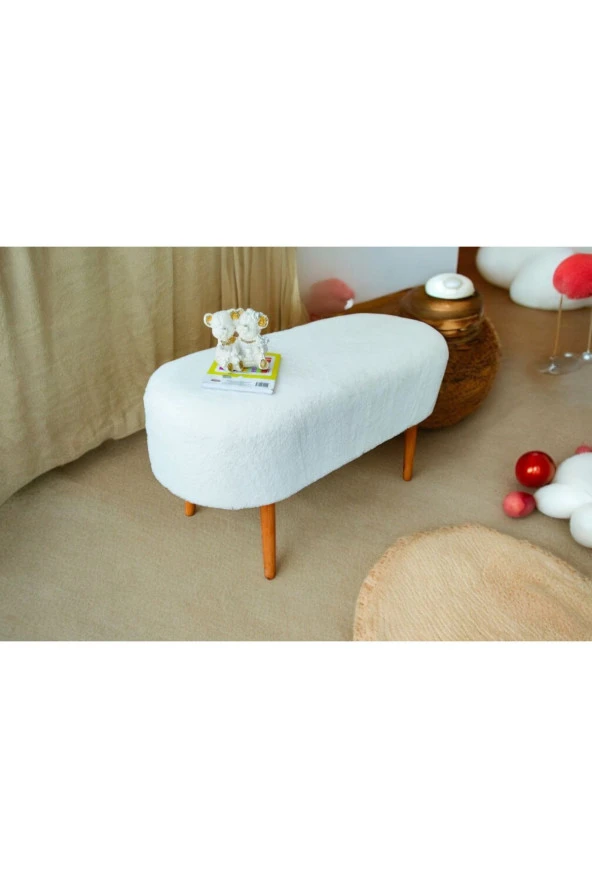 BEYLERBEYİ Retro Ceviz Renk Ahşap Ayaklı Geniş Oturum Alanlı Oval Bench Puf Krem ürün görseli 1