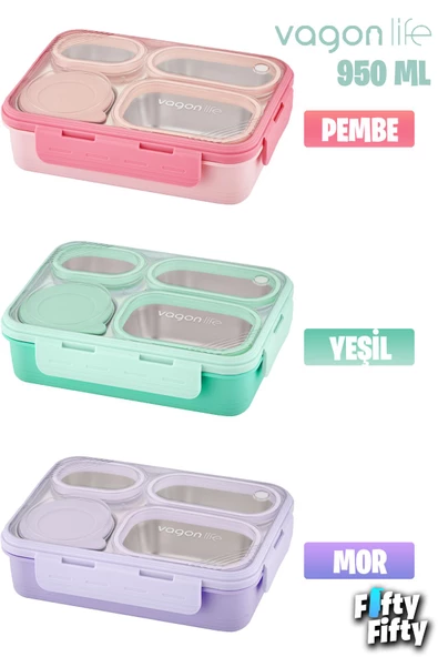 Vagonlife Lunch Box 950 ML Paslanmaz Çelik Tek Kat Dört Bölmeli Çorba Kaseli Metal Kaşıklı-FFLBOX7099 ürün görseli 1