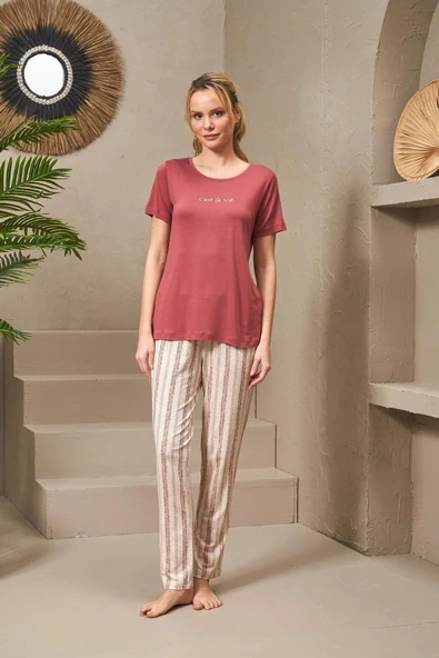 Pjs 25135 Kadın Yuvarlak Yaka İnci Taş Baskılı Çizgili Pijama Takım ürün görseli 1