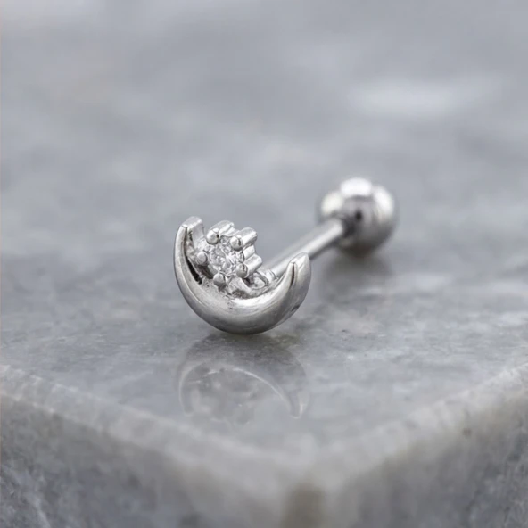 316L Çelik Zirkon Taşlı Ay Yıldız Şekilli Piercing PRC-179 ürün görseli 1