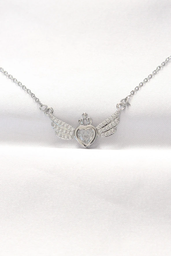 316L Çelik Silver Renk Zirkon Taşlı Kalpli Kanat Kolye - EBJ240521W24269 ürün görseli 1