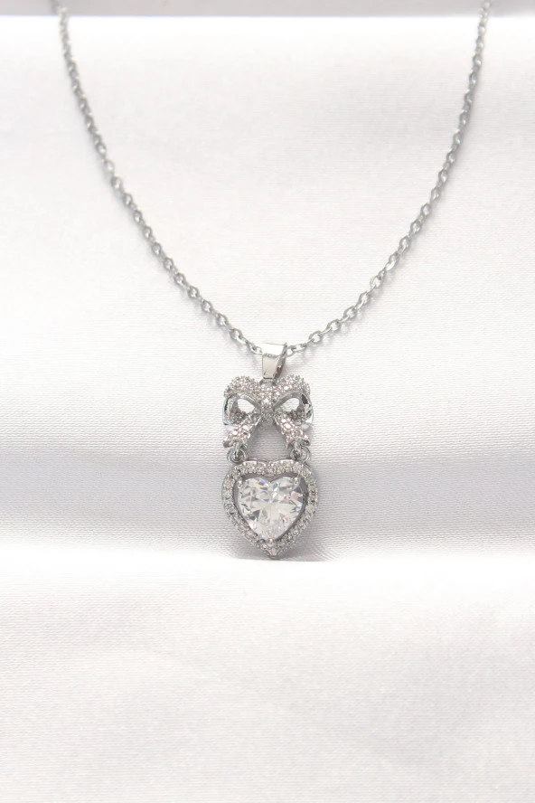 316L Çelik Silver Renk Zirkon Taşlı Kalpli Fiyonk Kolye - EBJ240521W24273 ürün görseli 1