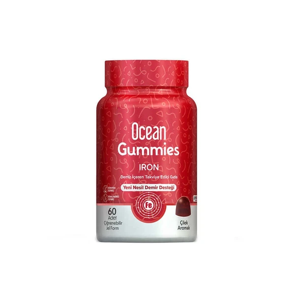 Ocean Gummies Iron 60 Çiğnenebilir Jel Form Çilek Aromalı Demir İçeren Takviye Edici Gıda ürün görseli 1