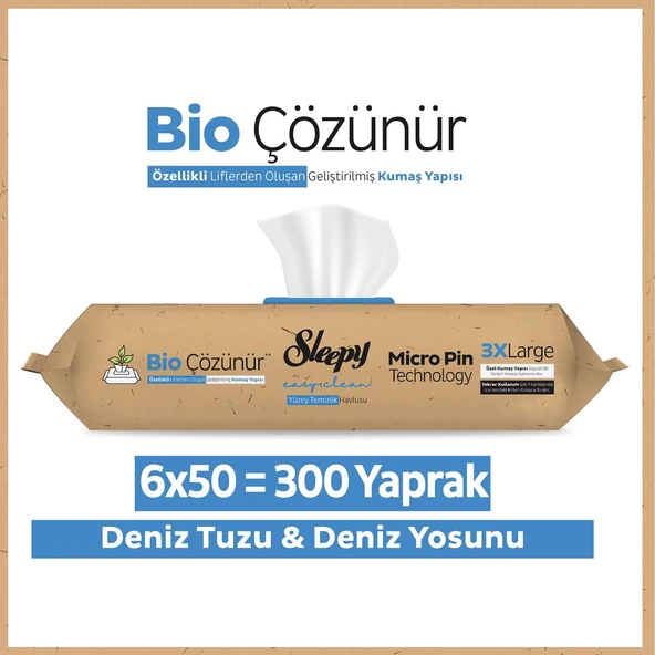 Sleepy Bio Çözünür Yüzey Temizlik Havlusu&Mendili Deniz Tuzu&Yosun 6x50 (300 Yaprak) ürün görseli 1