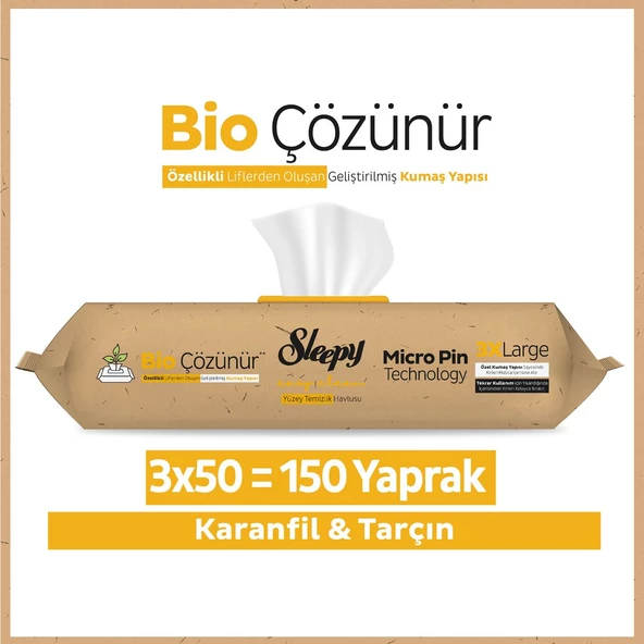 Sleepy Bio Çözünür Yüzey Temizlik Havlusu&Mendili Karanfil&Tarçın 3x50 (150 Yaprak) ürün görseli 1