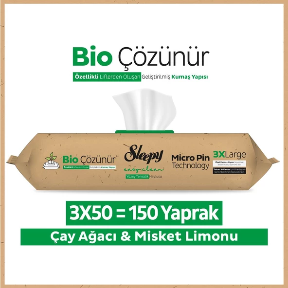 Sleepy Bio Çözünür Yüzey Temizlik Havlusu&Mendili Çay Ağacı&Misket Limonu 3x50 (150 Yaprak) ürün görseli 1