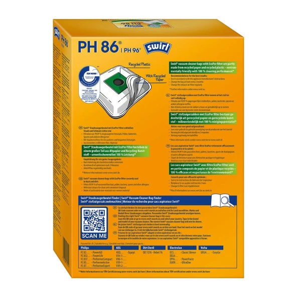 Swirl PH 86 EcoPor V Philips, AEG, Electrolux ve Volta Elektrikli Süpürgeler için Toz Torbası ürün görseli 1