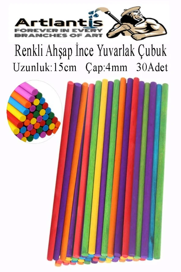 Renkli İnce Ahşap Yuvarlak Çubuk 15 cm 30 lu 1 Paket Okul Öncesi Sınıf Tasarım Etkinlik Hobi ürün görseli 1