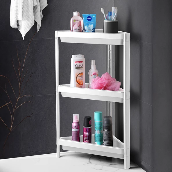 Mithra Life 3 Katlı Üçgen Plastik Beyaz Banyo Mutfak Rafı MIT1059 ürün görseli 1