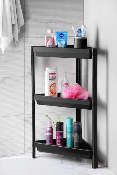 Mithra Life 3 Katlı Üçgen Plastik Siyah Banyo Mutfak Rafı MIT1060 ürün görseli 1