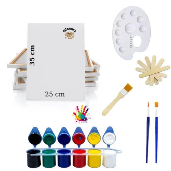 6 renk akrilik boya seti 25x35 tuval ipek fırça seti 6x20 ml boya çubuklu set ürün görseli 1