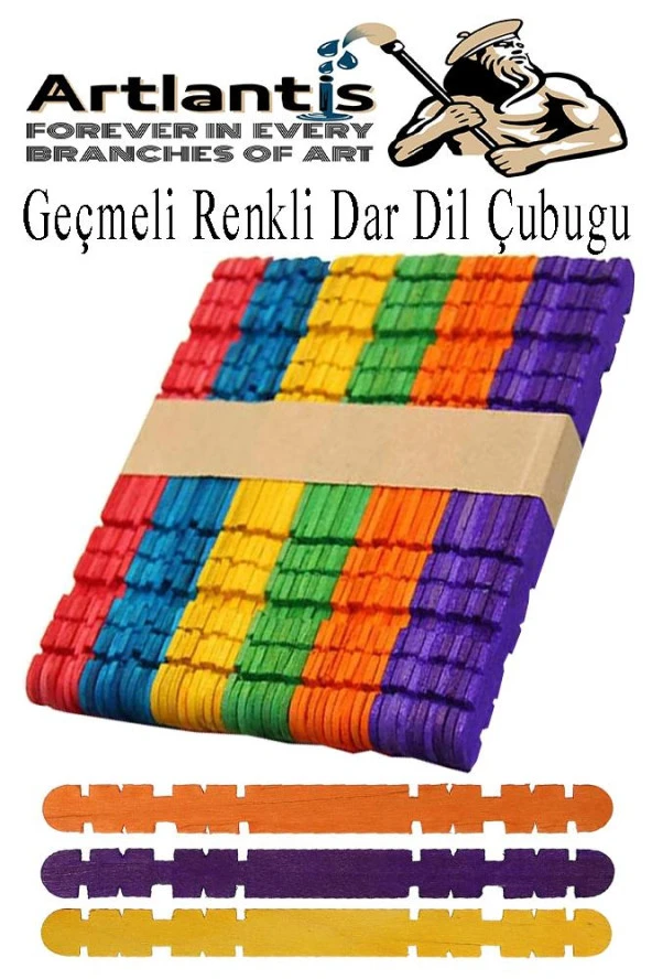 Renkli Geçmeli Dil Çubuğu Dar 50 li 1 Paket Çentikli Tırtıklı Geçirmeli Eklemeli Renkli  Dondurma Çubuğu Kesik Uçlu Ahşap Çubuk ürün görseli 1