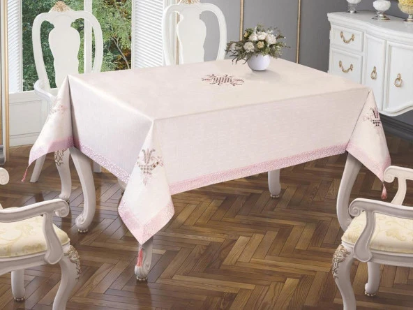 Lale Nakışlı Masa Örtüsü Krem Pudra 160x260cm ürün görseli 1