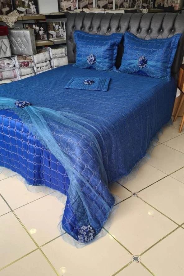Elegant Çift Kişilik Yatak Örtüsü Takımı Lacivert ürün görseli 1