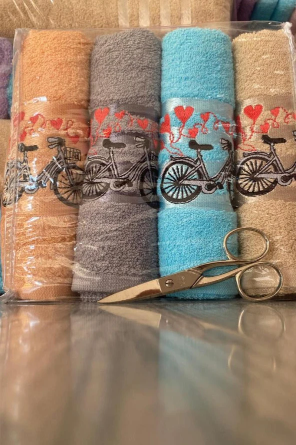 Happy Bicycle 4lü Nakışlı Çeyizlik Havlu Takımı ürün görseli 1