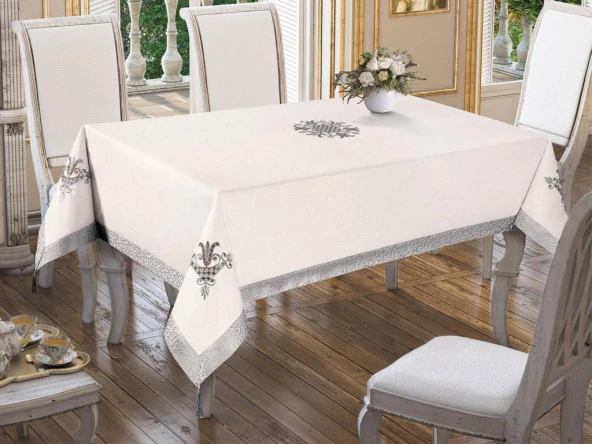 Lale Nakışlı Masa Örtüsü Krem Gri 160x260cm ürün görseli 1