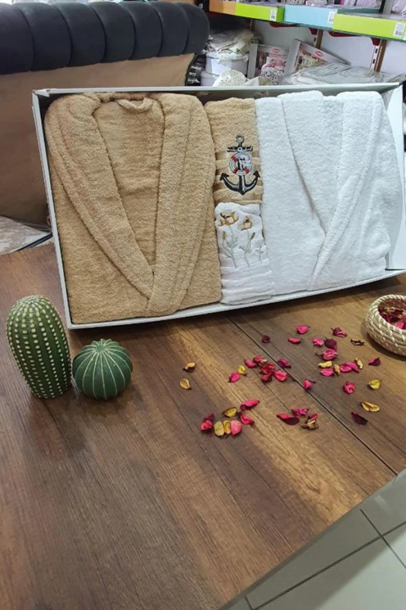 Çeyizlik Aile Bornoz Seti 4 Parça Cappucino Beyaz ürün görseli 1