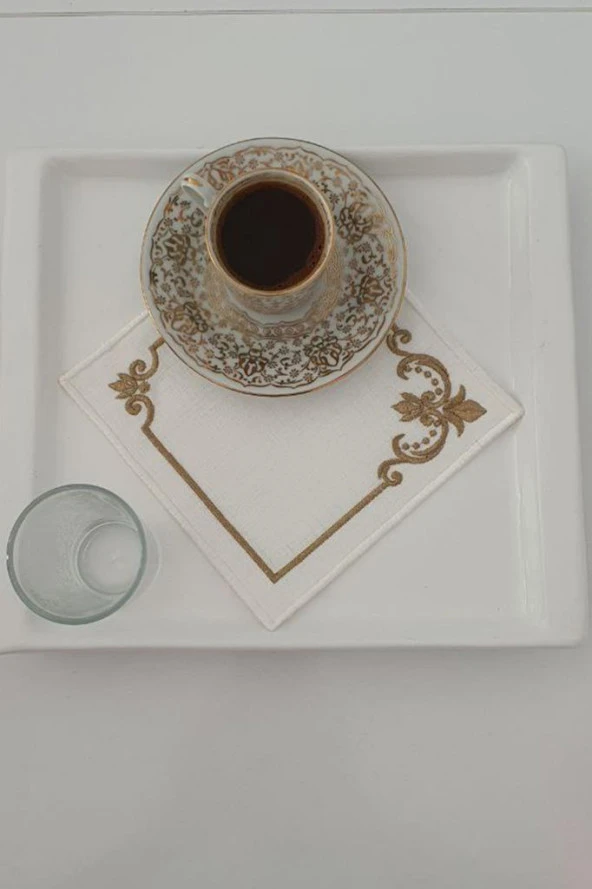 Osmanlı Nakışlı Keten Kare Bardak Altlığı Seti 6 Lı ürün görseli 1