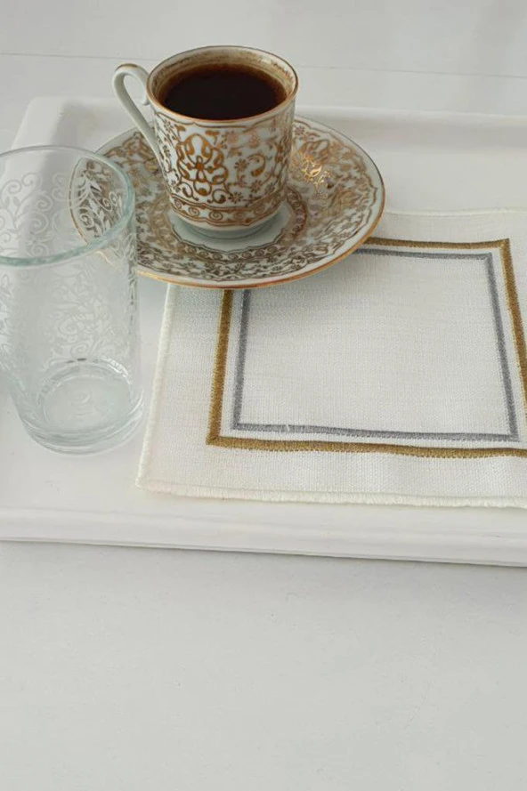 Çerçeve Nakışlı Keten Kare Bardak Altlığı Seti 6 Lı ürün görseli 1