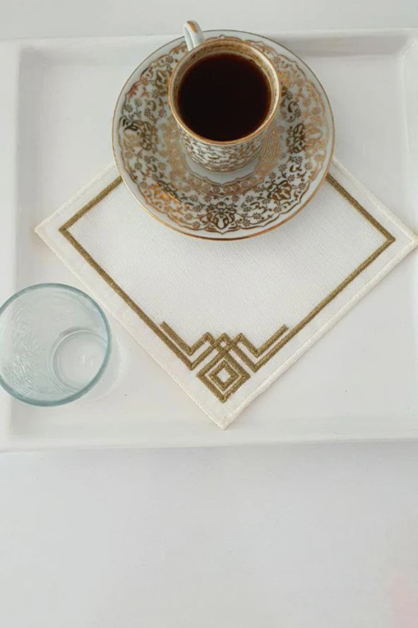 Köşe Nakışlı Keten Kare Bardak Altlığı Seti 6 Lı Kahve ürün görseli 1