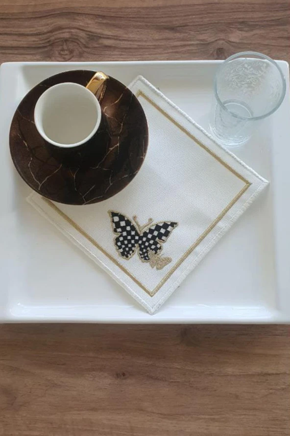 Kelebek Nakışlı Keten Kare Bardak Altlığı Seti 6 Lı ürün görseli 1