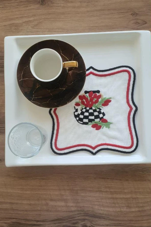 Çaycım Nakışlı Keten Kare Bardak Altlığı Seti 6 Lı ürün görseli 1