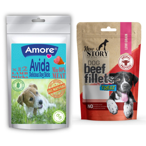 Avida 12li Lamb Sticks, New Story B-Fillets Sığır Etli Şerit Köpek Ödülü 80gr ürün görseli 1