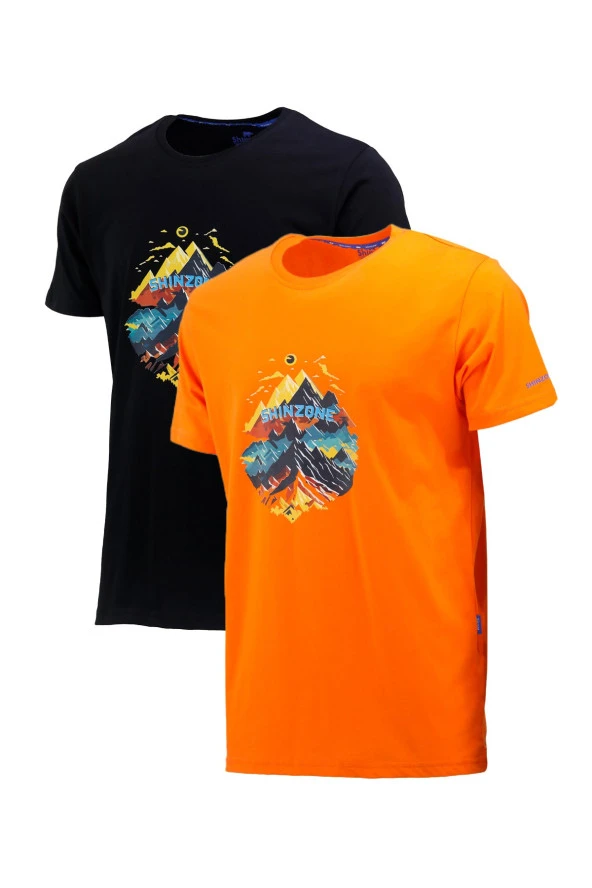 Erkek Mevsimlik Göğüs Baskılı Standart Fit Turuncu Siyah 2'li Set T-Shirt ürün görseli 1