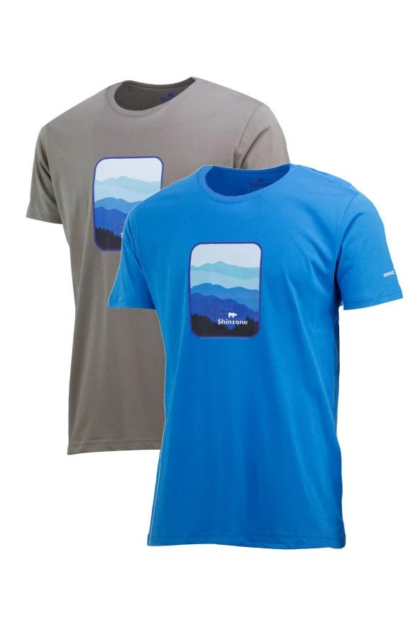 Erkek Yazlık Göğüs Baskılı Standart Fit Royal Vizon 2'li Set T-Shirt ürün görseli 1