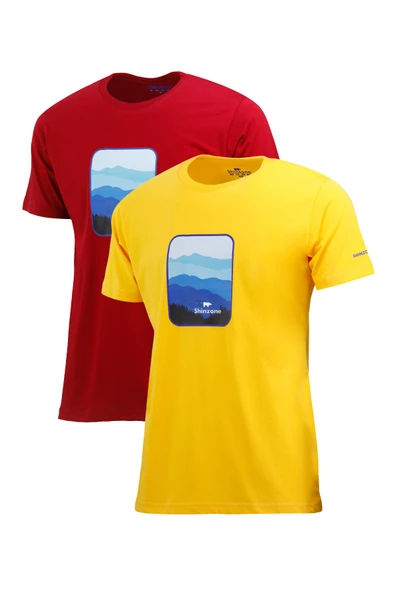 Erkek Yazlık Göğüs Baskılı Standart Fit Sarı Bordo 2'li Set T-Shirt ürün görseli 1