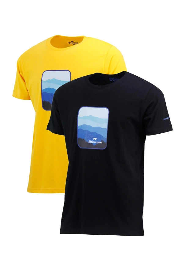 Erkek Yazlık Göğüs Baskılı Standart Fit Siyah Sarı 2'li Set T-Shirt ürün görseli 1