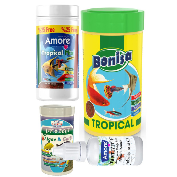 Tetra-Melek-Lepistes 4lü Balık Yemi Seti,Tropical Mix 125ml,Bonisa Tropical 250,Algae Garlic ürün görseli 1