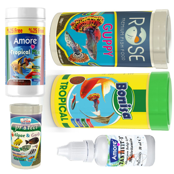 Tetra-Melek-Lepistes-Guppy 5li Balık Yemi Seti,Tropical Mix 125ml,Bonisa-250, Rose-250,Algae Garlic ürün görseli 1