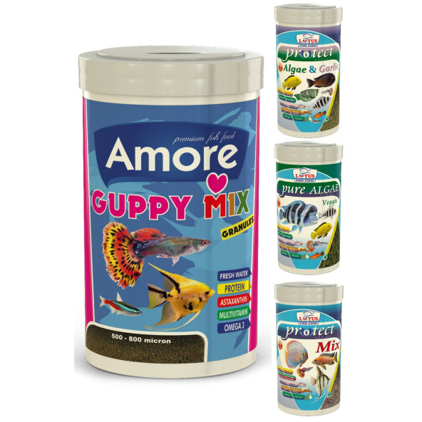 Lepistes-Melek-Tetra Guppy Mix Granules 1000ml, Algae Garlic,Protect Mix,Algea Veggie 100ml Yem Seti ürün görseli 1
