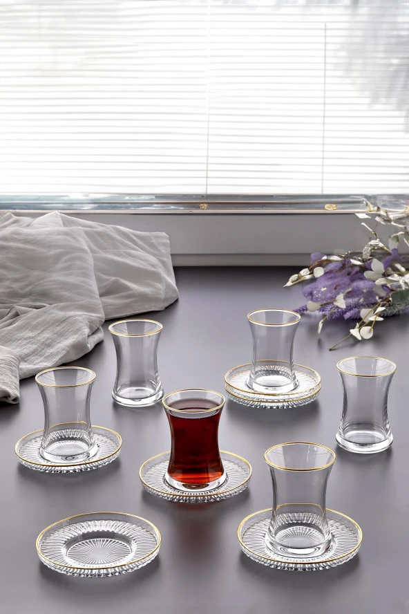 12 Parça Yaldızlı Çay Bardağı Takımı Seti - 6 Adet Bardak, 6 Adet Elysia Model Riva Çay Tabağı ürün görseli 1