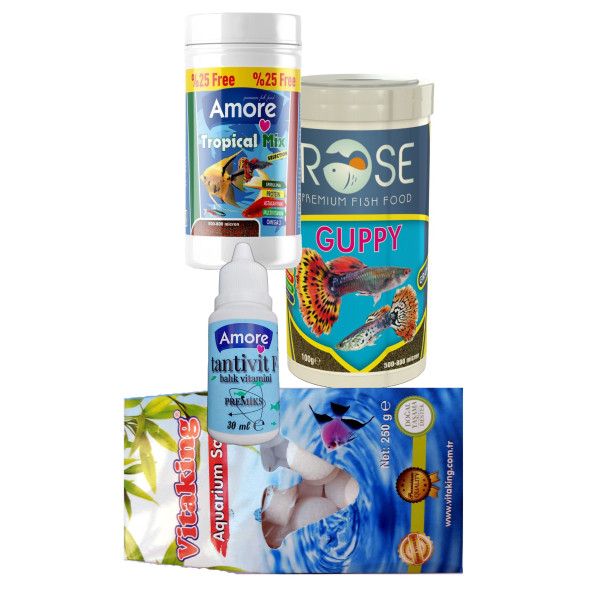 Tetra-Melek-Lepistes 4lü Balık Yemi Seti,Tropical Mix 125ml,Rose Guppy 250,Kaya Tuzu,Multivitamin ürün görseli 1