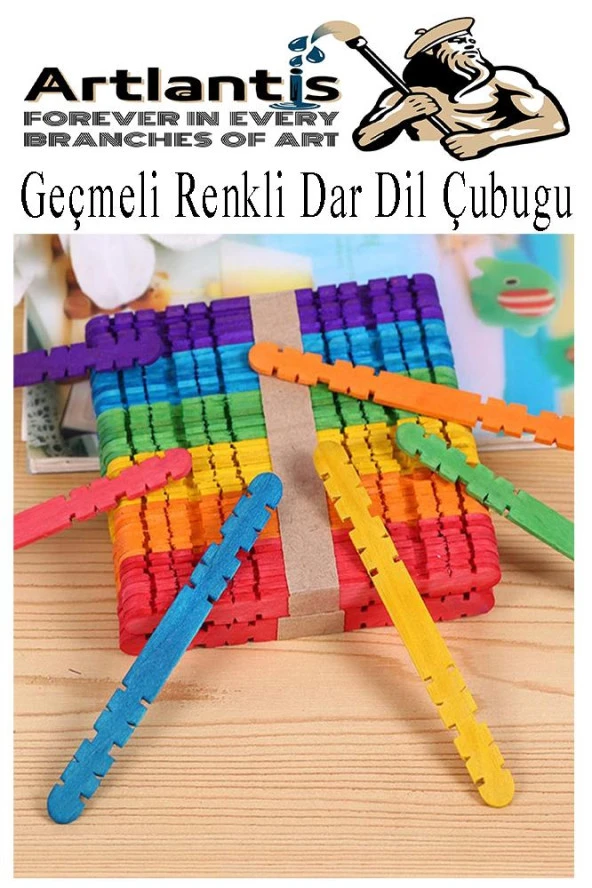 Renkli Geçmeli Dil Çubuğu Dar 100 lü 1 Paket Çentikli Tırtıklı Geçirmeli Eklemeli Renkli  Dondurma Çubuğu Kesik Uçlu Ahşap Çubuk ürün görseli 1