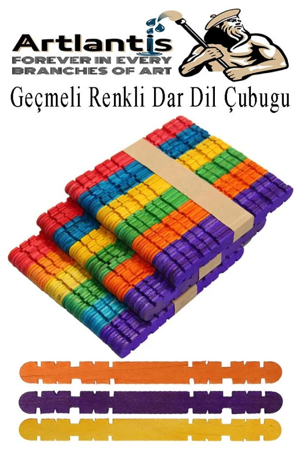 Renkli Geçmeli Dil Çubuğu Dar 150 li 1 Paket Çentikli Tırtıklı Geçirmeli Eklemeli Renkli  Dondurma Çubuğu Kesik Uçlu Ahşap Çubuk ürün görseli 1