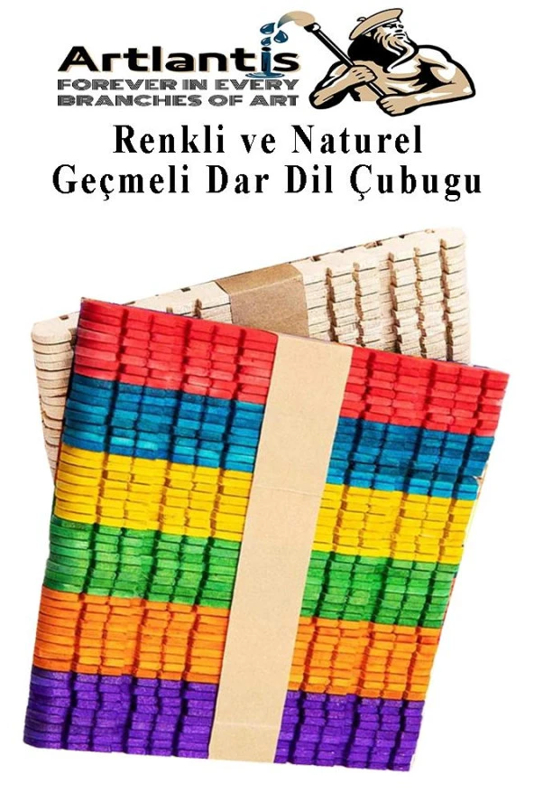Renkli Naturel Geçmeli Dil Çubuğu Dar 100 lü 1 Paket Çentikli Tırtıklı Geçirmeli Eklemeli Dondurma Çubuğu Kesik Uçlu Ahşap Çubuk ürün görseli 1