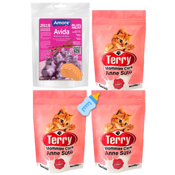 Terry Mommies Care Anne Kedi Sütü Tozu 3 x 200 gr, Biberon, Avida 12li Somonlu Sticks Ödül ürün görseli 1