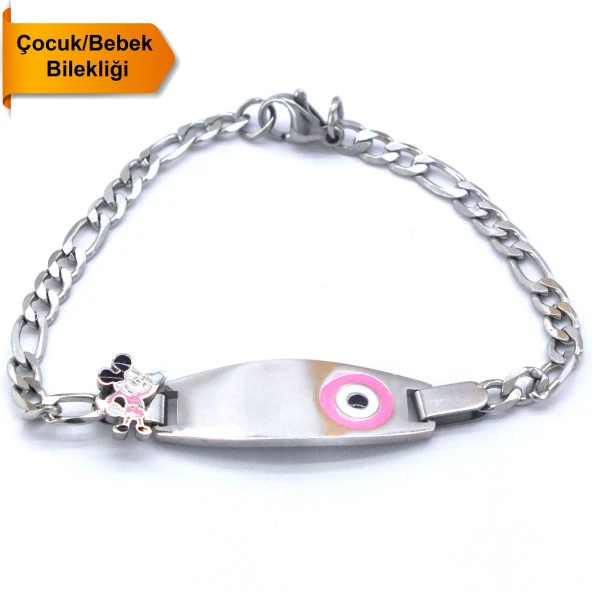 Bebek Bileklik Çelik Pembe Nazar Boncuklu Mickey Mouselu BLK-960 ürün görseli 1