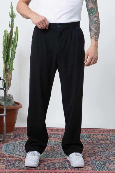 Çift Pileli Arka Beli Lastikli Geniş Paça Baggy Yazlık Kumaş Pantolon ürün görseli 1