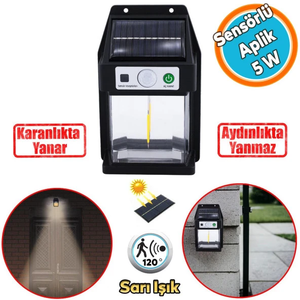 Sensörlü Güneş Enerjili Dış Aydınlatma Yeni Nesil Ampül Sarı Işıklı Aplik 5 W Portatif Fener Lamba ürün görseli 1