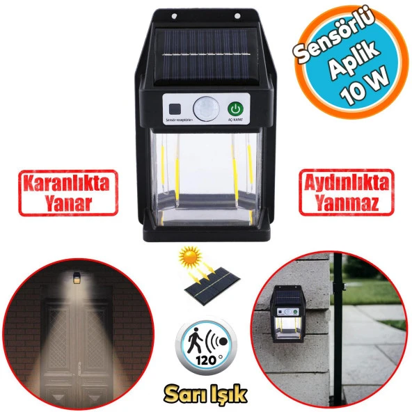 Sensörlü Güneş Enerjili Dış Aydınlatma Yeni Nesil Ampül Sarı Işıklı Aplik 10 W Portatif Fener Lamba ürün görseli 1